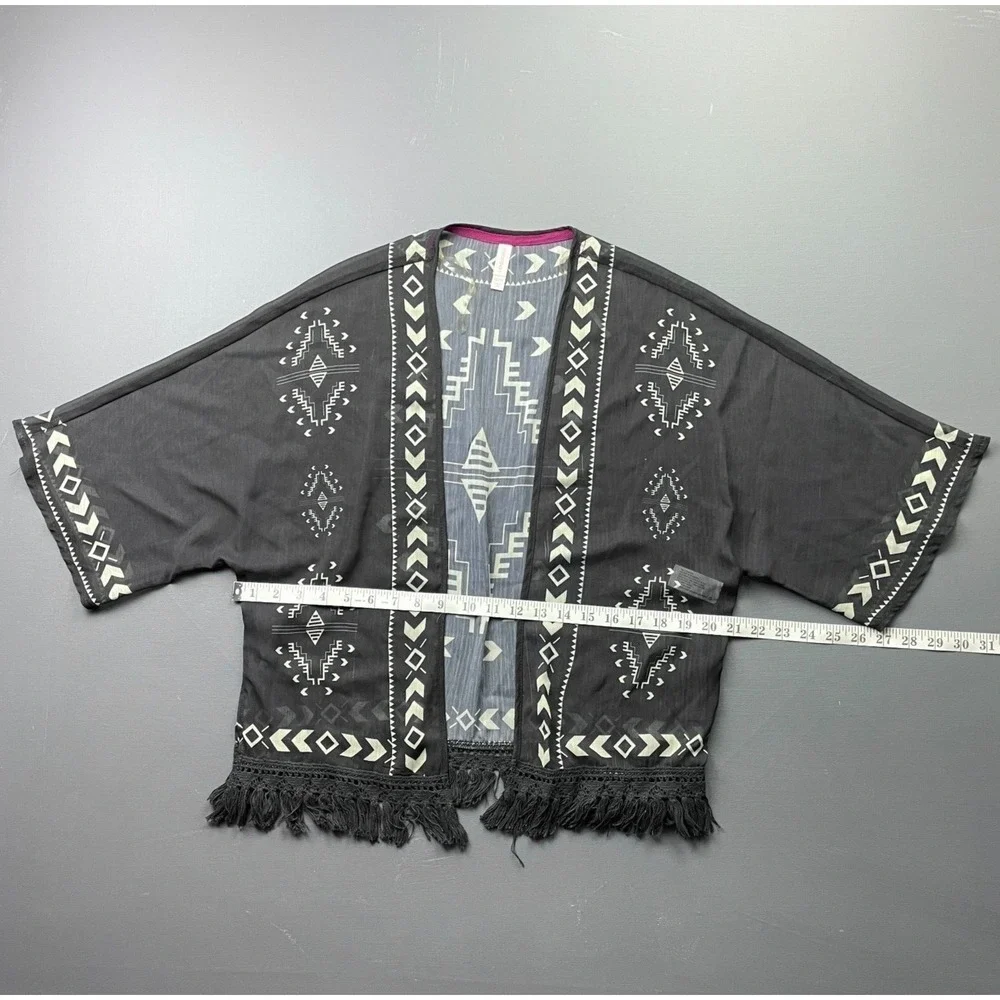 Xhilaration Kimono Cardigan Womens XS Black Fringe Sheer Festival Tribal Kimono